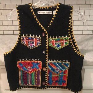 Vintage Michael Simon Vest Womens Large Black Sequin Beaded 1995 Christmas Party